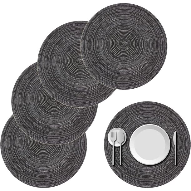 Nvzi Juego de 4 manteles individuales trenzados redondos de 15 pulgadas, manteles individuales lavables para mesa de cocina para bodas, fiestas navideñas (negro y gris)