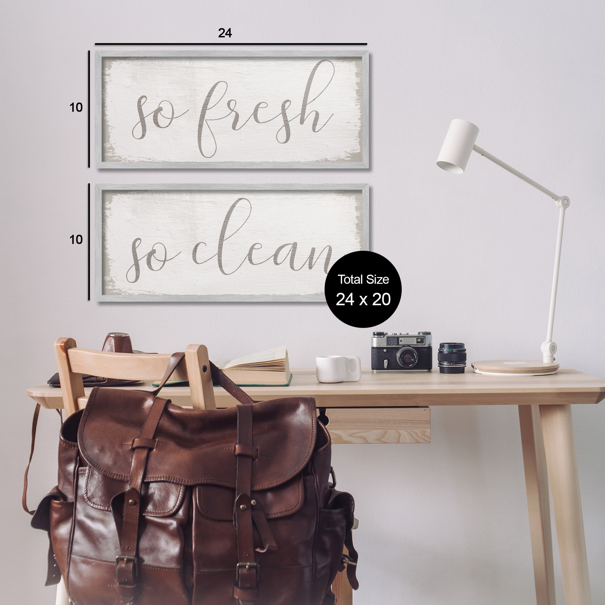 Stupell Industries Rustic White So Fresh So Clean Typography Painting Gray Framed Art Print Wall Art, 24 x 10, Set of 2