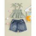 thumbnail image 3 of Yunliwuli Kids Girls Shorts Set, Tie-up Pleated Camisole with Ripped Denim Shorts Summer 2-piece Outfit, 3 of 10