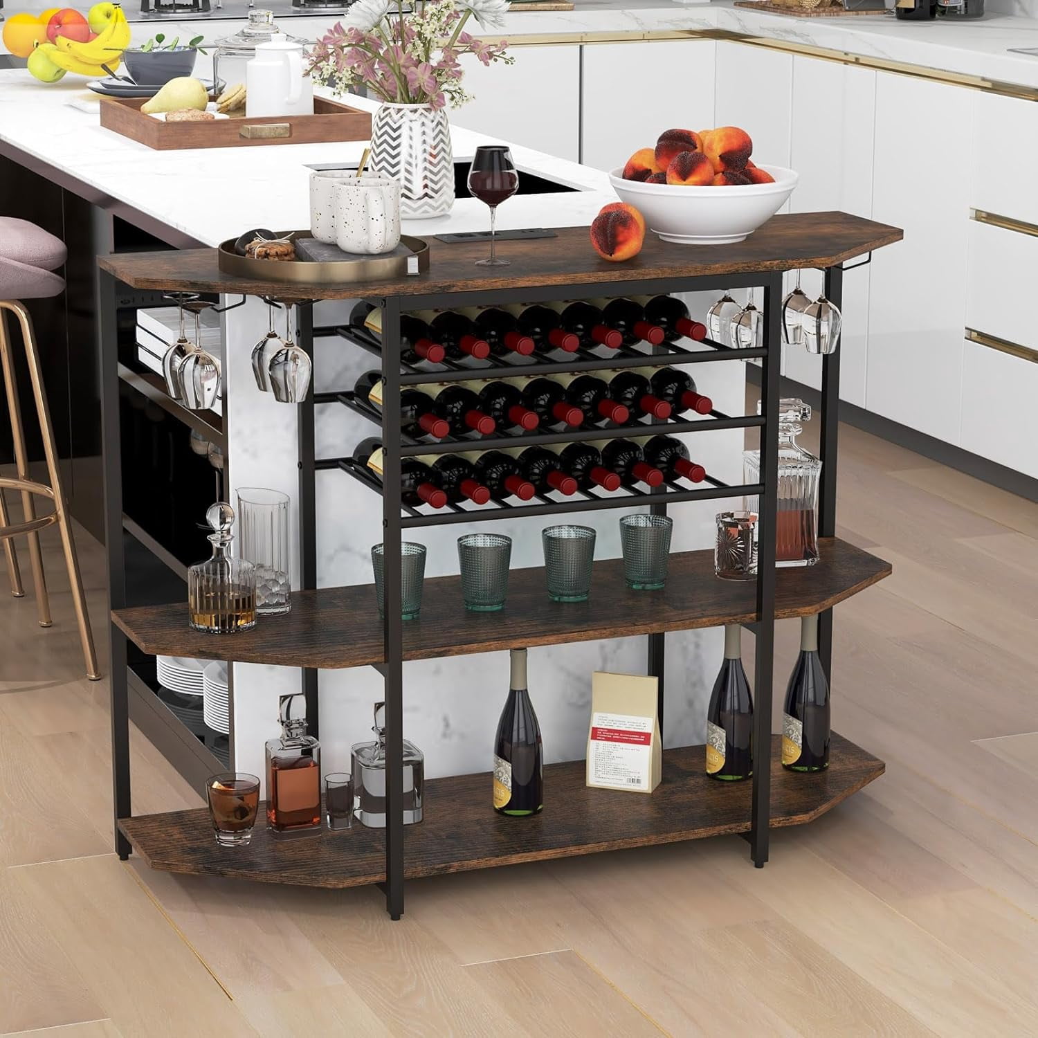 Wine Bar Cabinet with 3 Tier Wine Racks Wine Storage, Glasses Holder, Brown