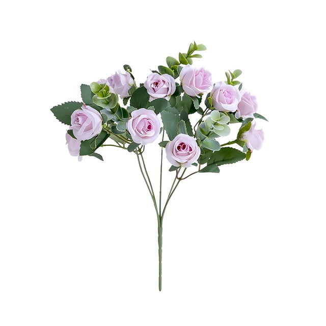 Billuyoard Hojas de eucalipto artificiales Flores de rosas de seda Ramo de flores falsas Múltiples cabezas Floreros de plástico para fiestas de bodas en Decoración Púrpura claro Billuyoard HA084344-05