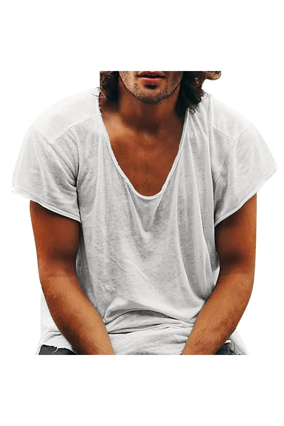 Deep V Neck Undershirt Men Low Cut Vneck T Shirts for Man Slim Fit Tshirt Short Sleeve Tee White XXXL