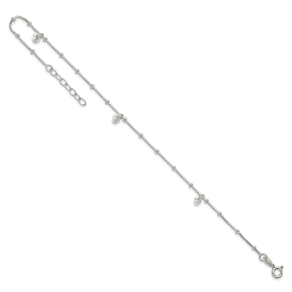 Sterling Silver Polished Beaded with White CZ Dangles 9 inch with 1 inch Extension Anklet