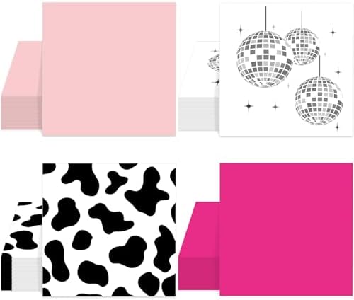 100PCS Western Cowgirl Party Paper Napkins Cow Print Birthday Supplies Decorations Hot Pink Disco Ball Party Disposable Napkin Western Dinner Napkins for Bachelorette 80s 90s Disco Cowgirl Birthday