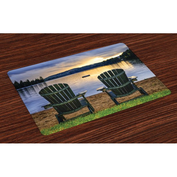 Seaside Placemats Set of 4 Two Wooden Chairs on Relaxing Lakeside at