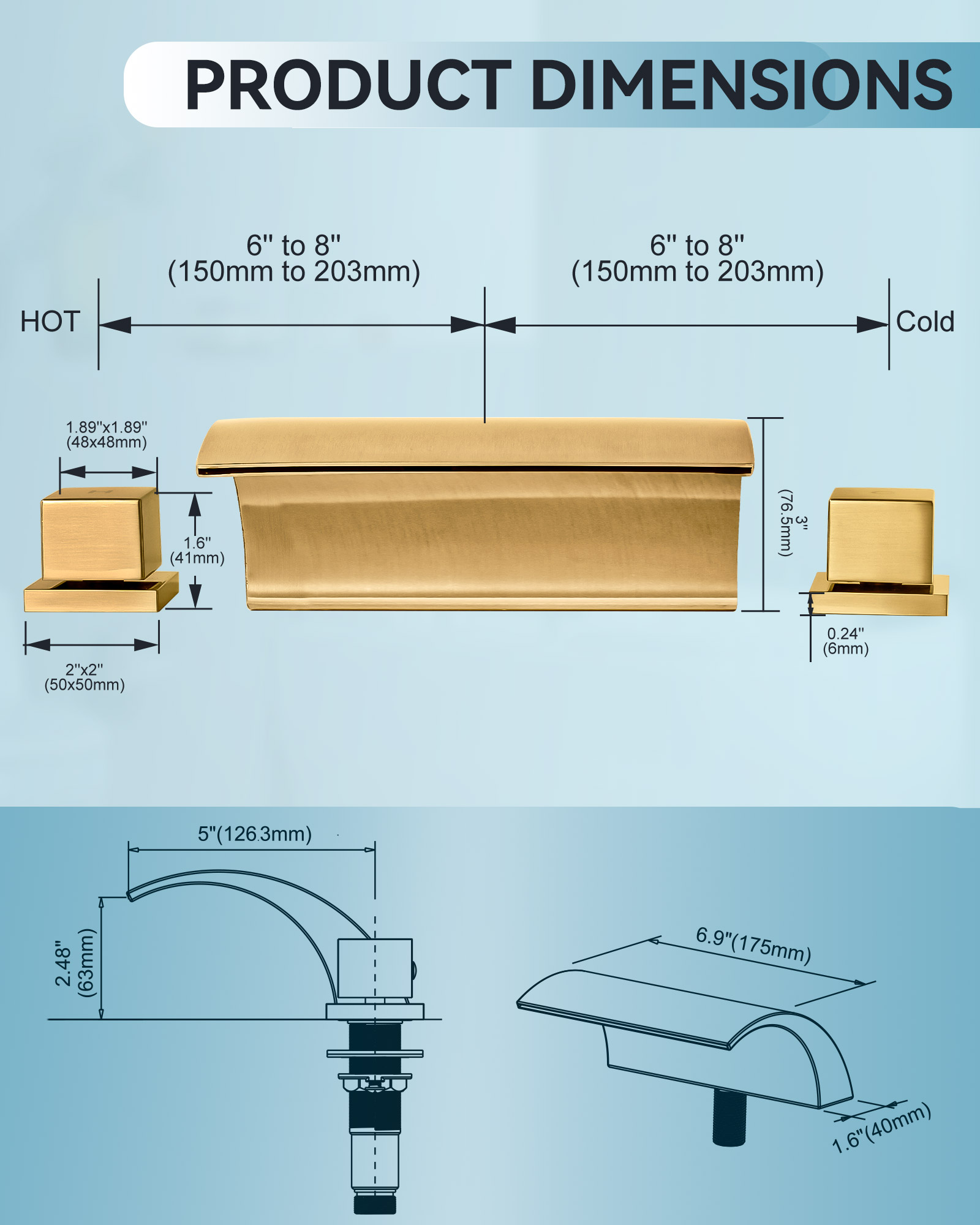 Wowow 2 Handle Waterfall Tub Faucet, Brass 3-Hole Bathtub Faucet, Gold