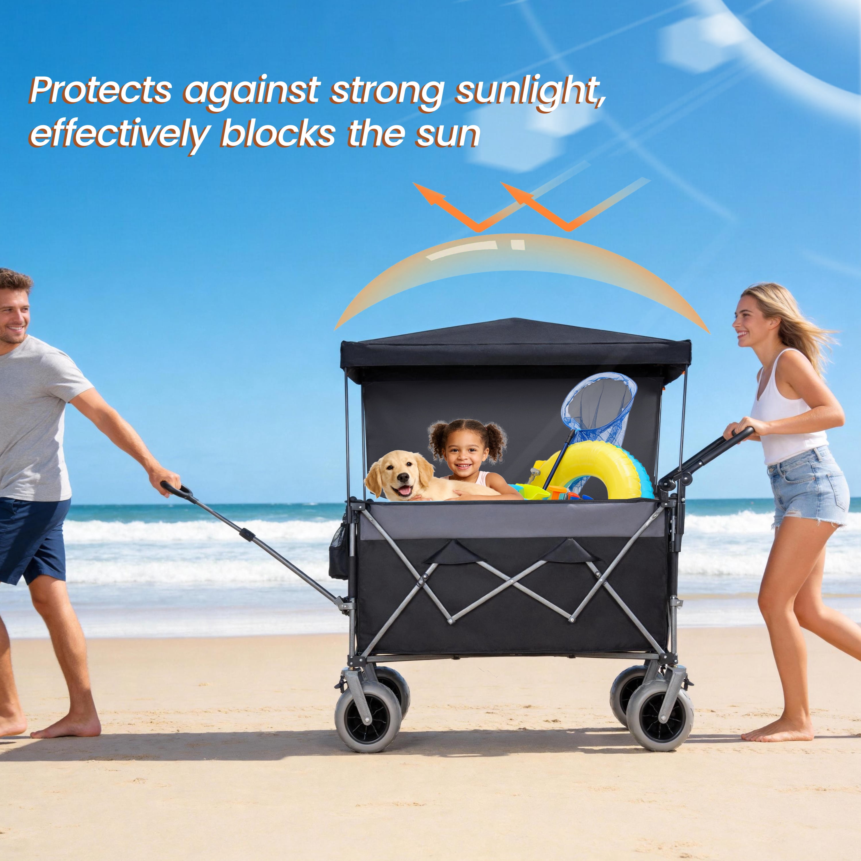 Push-Pull Folding Wagon Cart with Rotating Handle & Canopy, 9"x4" Beach Tires for Camping & Beach, Load Capacity 480lbs, 300L Large Capacity for Transport, Groceries, Outdoor Use