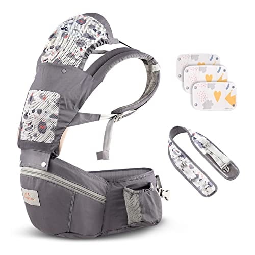 Portabebés Recién Nacido a Niño Pequeño, Mumgaroo Ergonómico 6-en-1 Portabebés, Asiento Caderas, Mochila Ajustable con Capucha, 0-36 Meses (Gris)