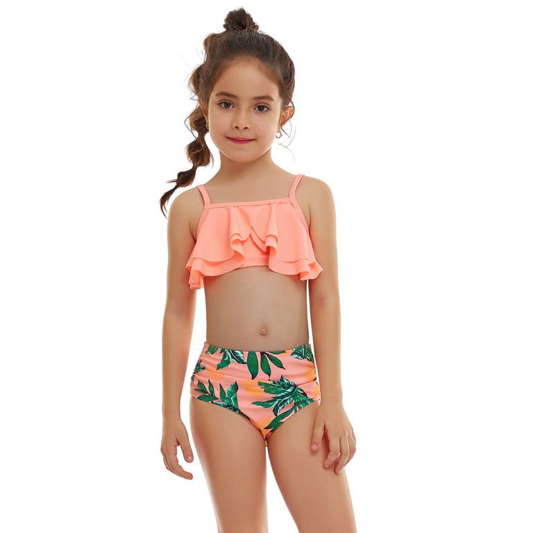 Girls Swimsuits Size 13 Years-14 Years Two Piece Bikini Beach Swimwear  Ruffles Floral Suit Teen Bathing Suits For Girls,Orange
