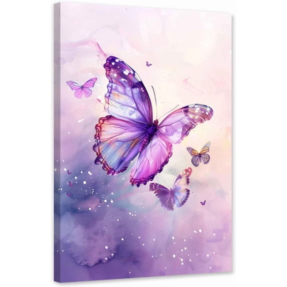 ZHONGYUTONG Butterfly Canvas Wall Art Pink with Purple Butterfly Pictures Wall Decor Watercolor Painting for Girl Bedroom Decor Framed (12.00" x 18.00")