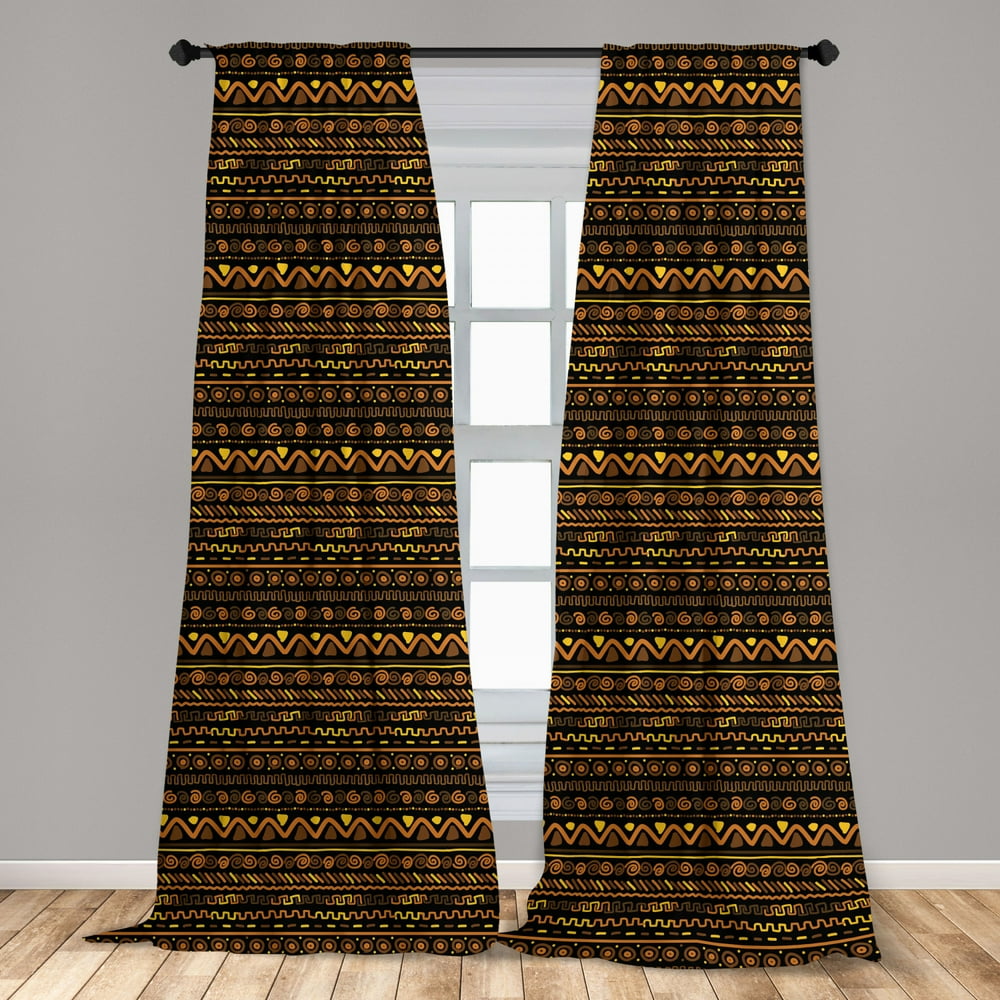 African Curtains 2 Panels Set, Chevron Zigzag Circles and Spirals