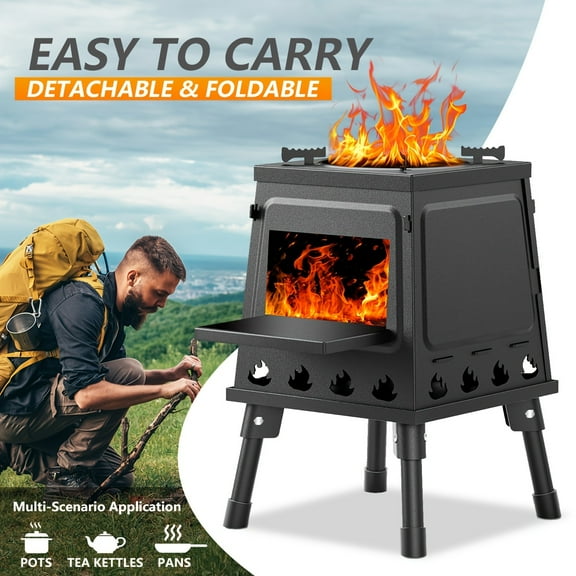 Portable Wood Burning Camp Stove | Black Outdoor Stove for Hiking, Picnic, BBQ & Travel | Lightweight Wood Stove for Outdoor Cooking & Heating