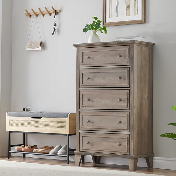 GAOMON Tall 5 Drawer Dresser for Bedroom, 48" Wooden Dresser with Deep Drawers, Vintage Chest Organizer with Metal Handles, Storage Cabinet for Living Room, Hallway, Entryway, Grey