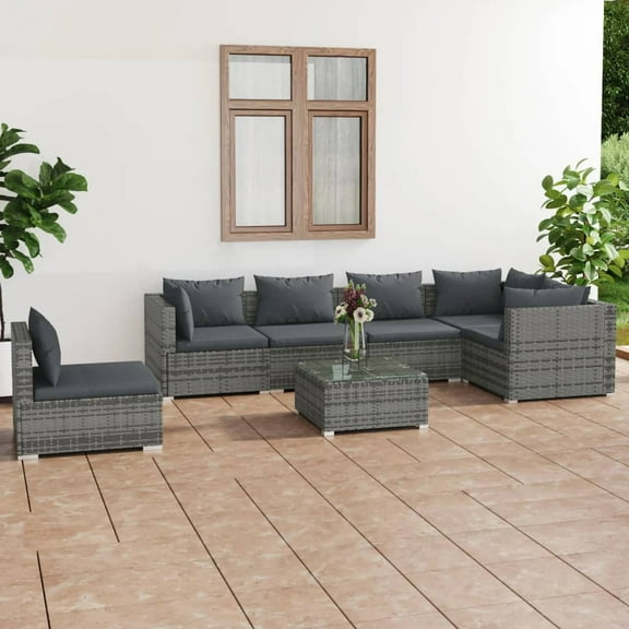 vidaXL 7 Piece Patio Lounge Set with Cushions Poly Rattan Gray