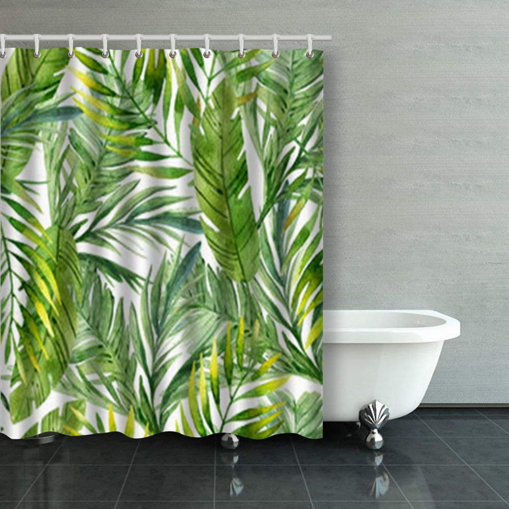 Tropical Rainforest Palm Leaves 72" Shower Curtain Bathroom Mat Waterpoof Fabric 