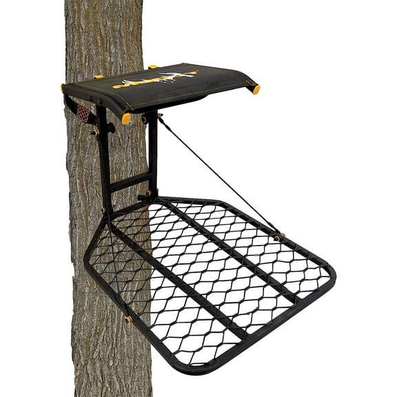 MUDDY Boss Hang-on Stand - Durable Steel Outdoor Hunting Silent Straps Tree Stand with Wide Stance Platform & Flip-Back Flex-Tek Seat, 300 Pound Maximum Capacity
