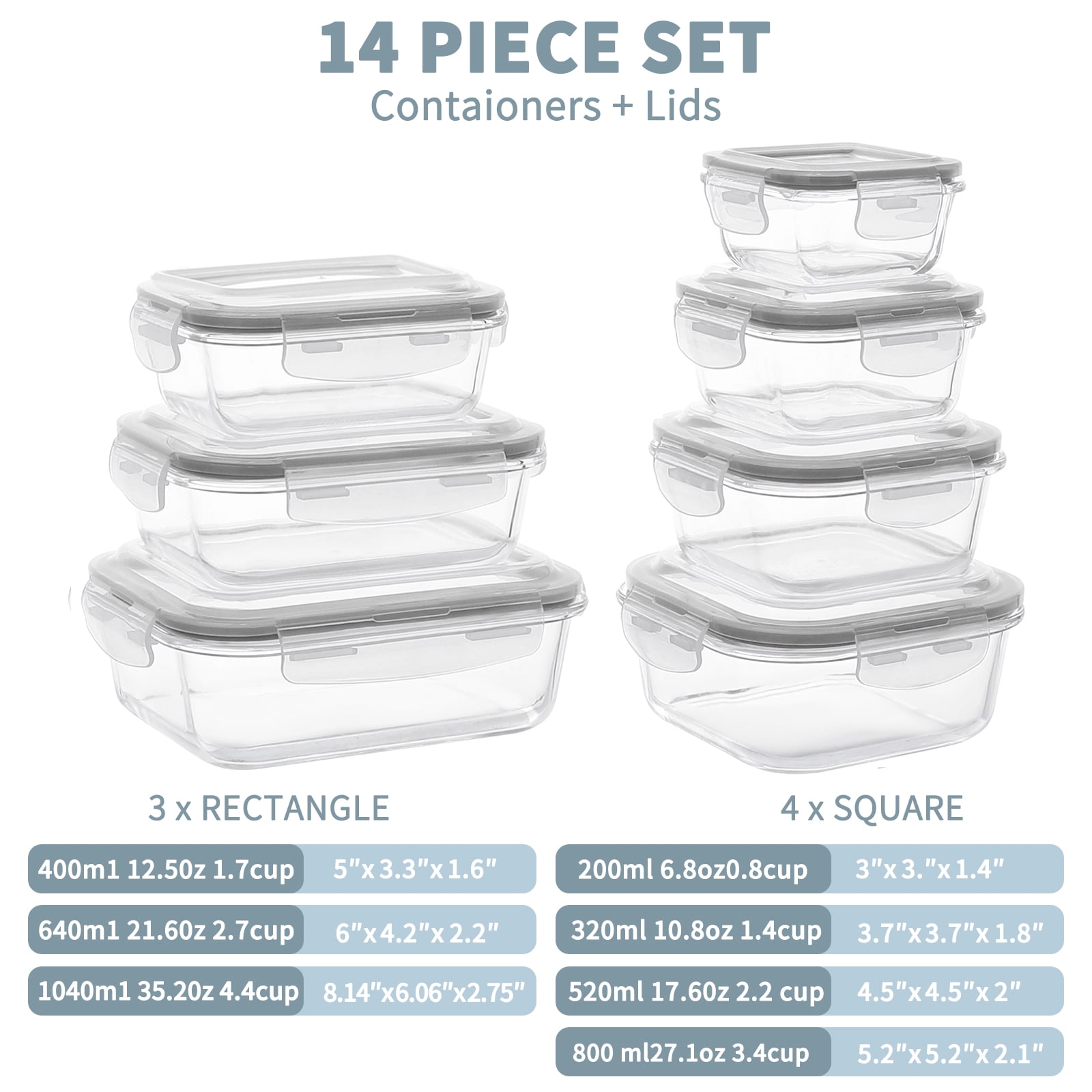 14 Pcs Glass Food Storage Containers, Meal Prep, Airtight Bento Boxes Lunch Box with Leak Proof Locking Lids, Microwave/Oven/Freezer/Dishwasher Safe, BPA Free, Gray