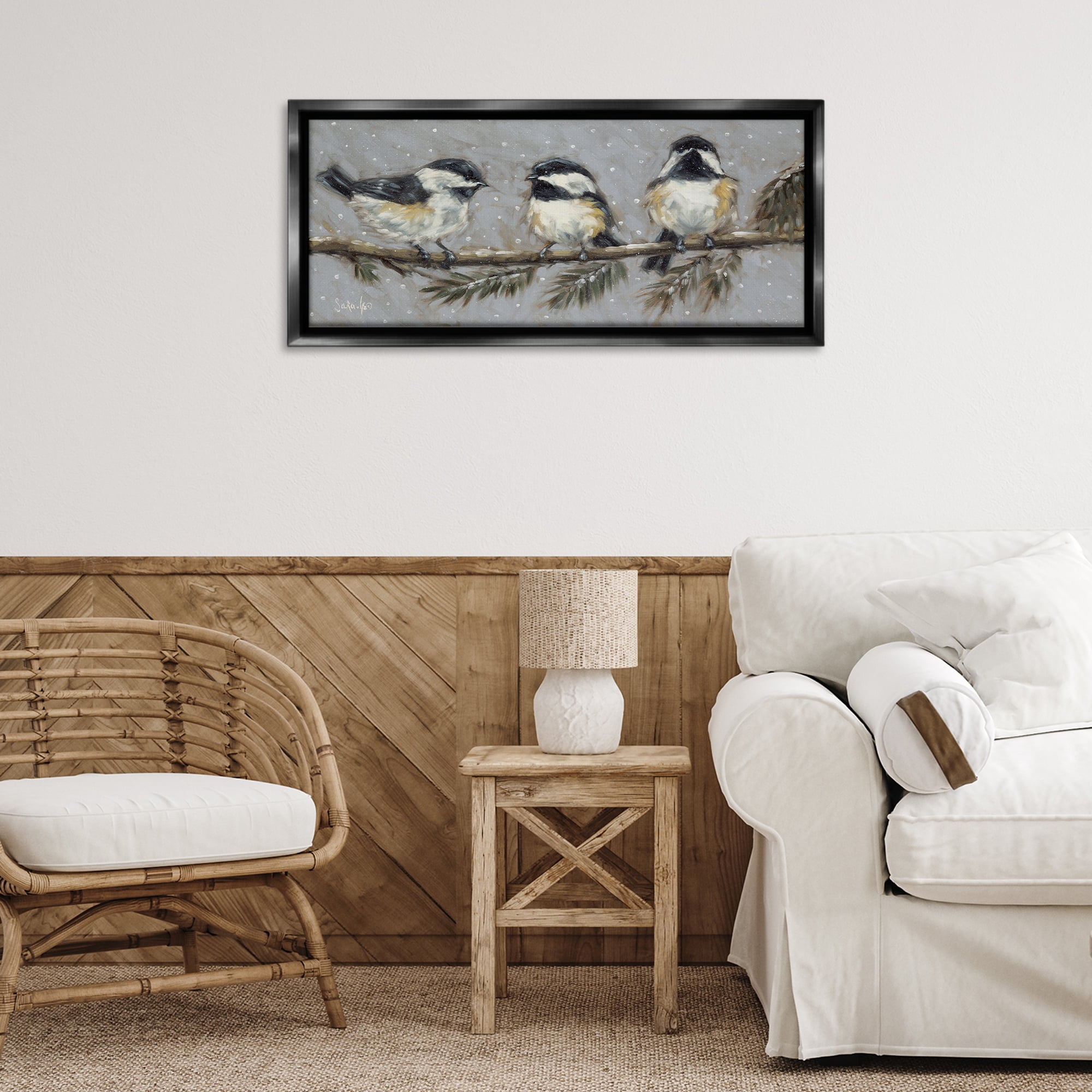 Stupell Industries Winter Bird Trio Animals & Insects Painting Black Floater Framed Canvas Art Print Wall Art, 31 x 14