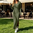 thumbnail image 5 of Tqcoqu Women's Solid Ribbed Knit Maxi Dresses,Lapel V Neck Long Sleeve Slim Fit Dress,Side Slit Business Elegant Maxi Dress,Army Green Women's S-XXL, 5 of 7