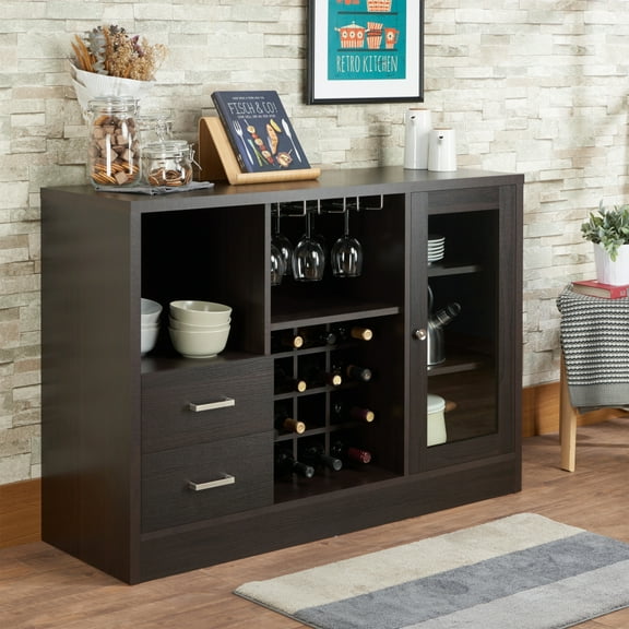 Gzxs 47" Wine Bar Cabinet, Home Coffee Bar Cupboard with Wine Rack and Glass Holder, Kitchen Buffet Sideboard Liquor Cabinet w/ Glass Door and 2 Drawers, for Living Room, Dining Room (Espresso)