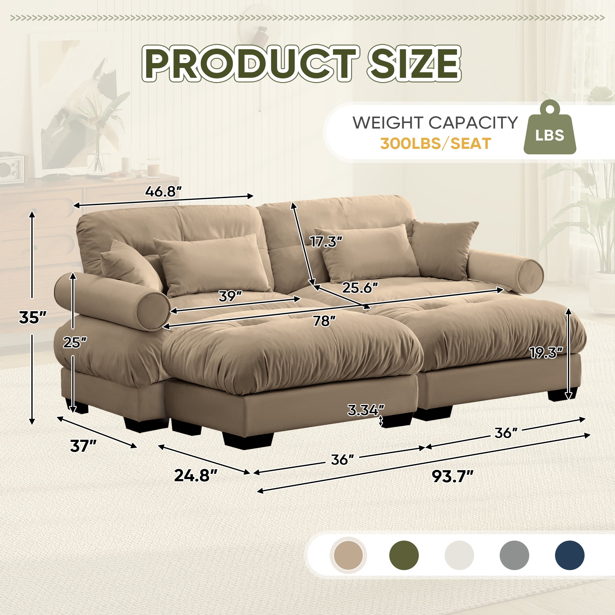 FFH Loveseat with Chaise, 93.7" Oversized U Shaped Cloud Sofa, Modular Sectional Sleeper Sofa with Bolstered Armrests (Velvet Camel, 2 Seater with 2 Ottomans)