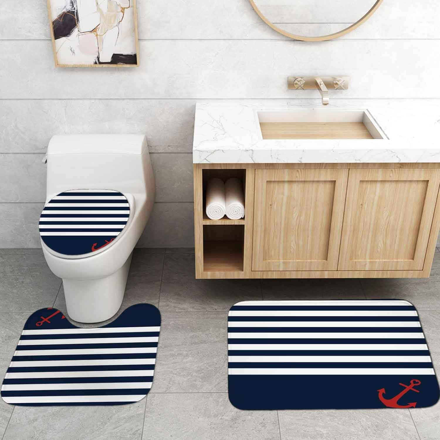 4PCS Red Anchor Nautical Shower Curtain Set, Waterproof Fabric Shower Curtain, Non-Slip Bath Mat Bathroom Rugs White Navy Blue Quatrefoil Stripes Abstract Geometric Ocean Anchor Bathroom Decor