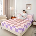 thumbnail image 4 of Manfei Teens Adults Minimalist Geometric Grid Full Size Sheets 4-Piece,Pink Purple Breathable Bed Sheets,Vintage Aesthetic Lightweight Sheet Sets,Super Cozy Room Decor, 4 of 7