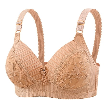 Bras for Women Plus Size Embroidery Lace Full Coverage Wireless Push Up Non Padded Everyday Minimizer Bra Khaki 2 42 B