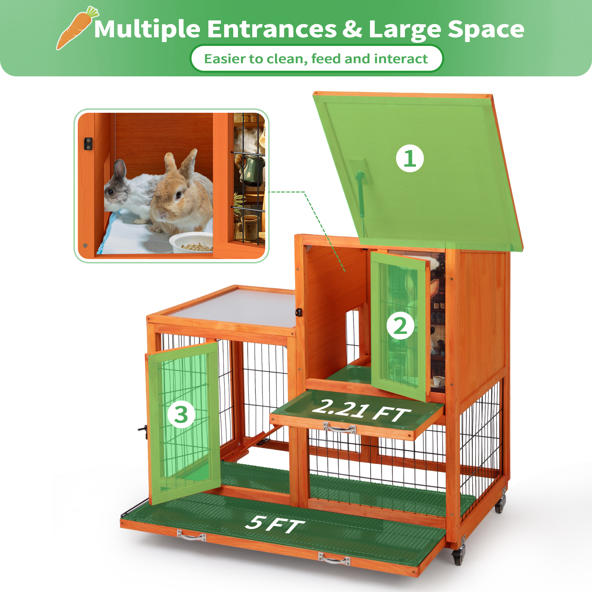 COZIWOW Rabbit Cage Indoor with Wire Bottom, 2-Level Large Wooden Bunny Hutch on Wheels Outdoor for Multiple Small Animals, Orange + Colorful Patterns