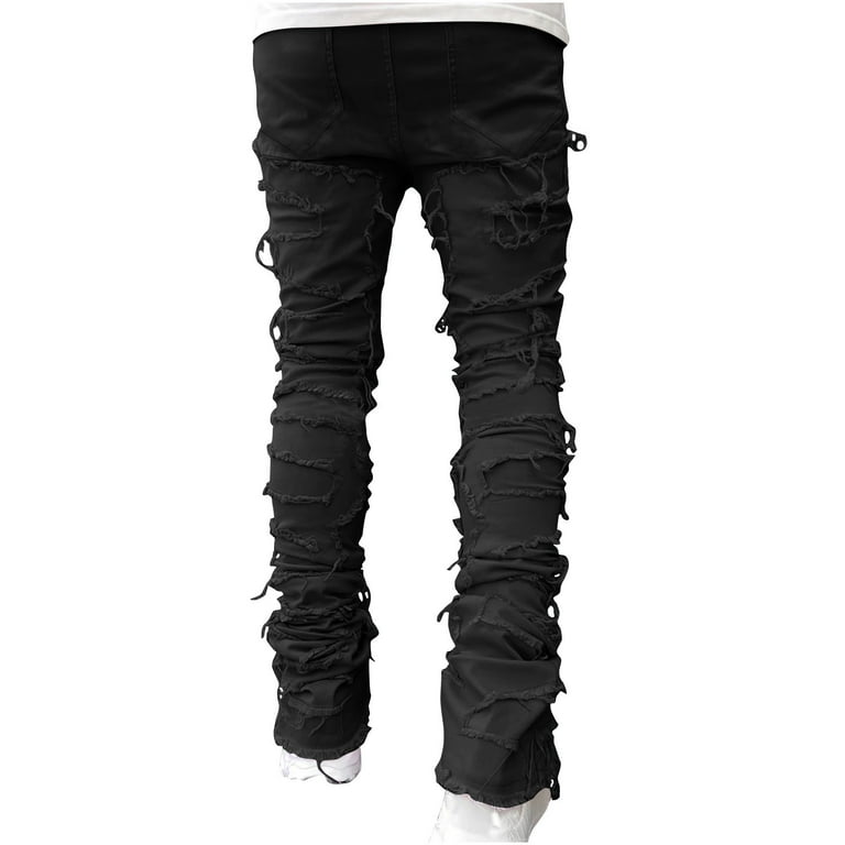 DARK FOG★Distressed Black Destroyed Straight Jeans DF16 Mens Stacked Jeans Slim Fit Ripped Jeans Destroyed Straight