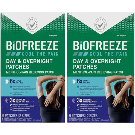 Biofreeze Day & Overnight Pain Relief Patches, Menthol Pain Patches for Arthritis & Muscle Pain Relief, Comfortable & Flexible Fabric Stays in Place, 9 Patches (6 Day, 3 Night) (Pack of 2)