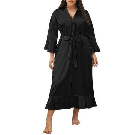 

JustVH Women Plus Size Mock Silk Kimono Long Gown Babydoll Nightgown