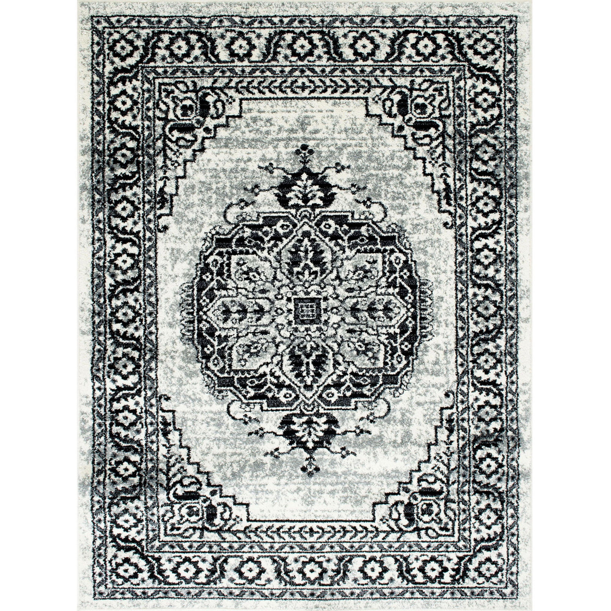 84 X 60 Inches Polyester Abstract Medallion Print Rug, Black and Gray