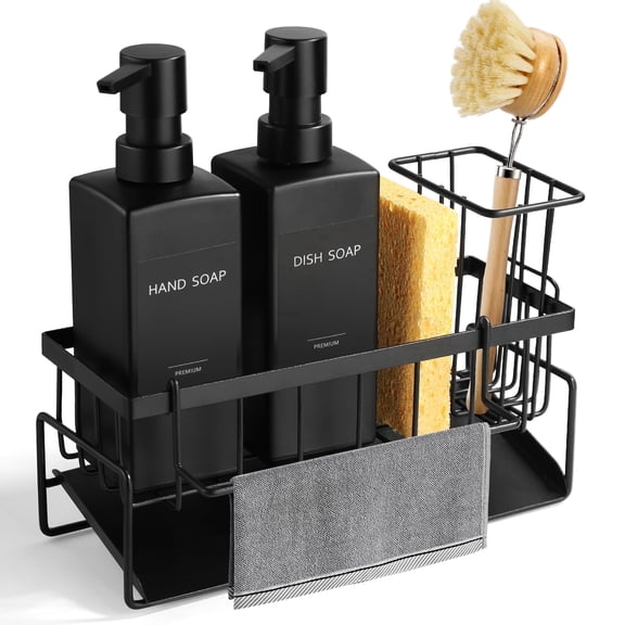 GM GMISUN Dish Soap Dispenser for Kitchen, 12 fl oz/350 ml Kitchen Soap Dispenser with Sponge Holder, Customized Matte Black Kitchen Soap Dispenser Set