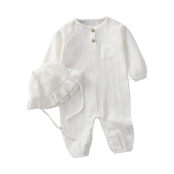 QUOTAY Baby Girls Boys Linen Long Sleeve Baby Romper Button Down Summer Clothes with Ruffled Bonnet Hat White,0-3 Months