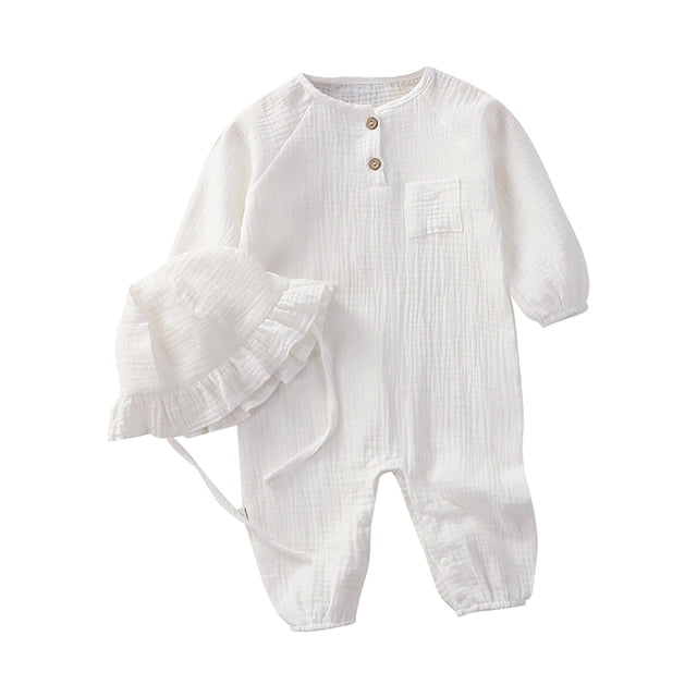 UANWENN Girls Boys Linen Long Sleeve Rompers Button Down Baby Girls Summer Clothes With Ruffled Bonnet Hat Boy Summer Baby Clothes 24 Month Clothes for Boys Preppy Baby Boy Clothes Baby Easter Shirt