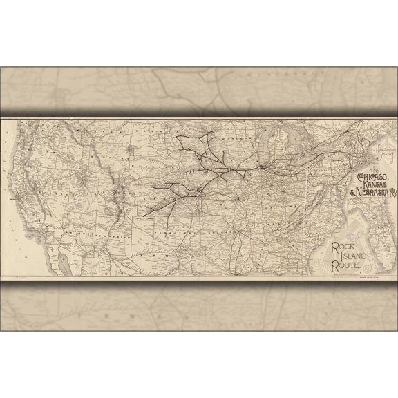 24"x36" Gallery Poster, map of Chicago Kansas & Nebraska railroad 1888