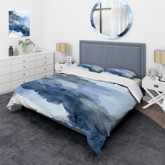 Designart "Sapphire Blue Celestial Scene VII" Abstract Liquid Ink Bedding Covert Set - Modern Blue Abstract Bed Set With 2 Shams