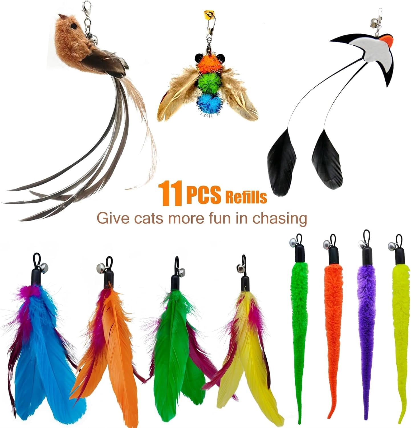 Interactive Cat Wand Toy Set – 2 Retractable Wands (37" & 49") with 11 Refills Attachments – Feather Toys, Plush Bird, Worms, Insect & Swallow – Cat Teaser Toys for Indoor Cats & Kittens