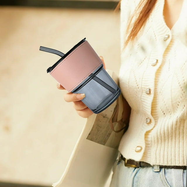 Vaso de vidrio transparente con pajilla 420 ml | Taza de agua para oficina con tapa, pajilla reutilizable y funda aislante | Resistente al calor, portátil, diseño moderno para bebidas calientes o