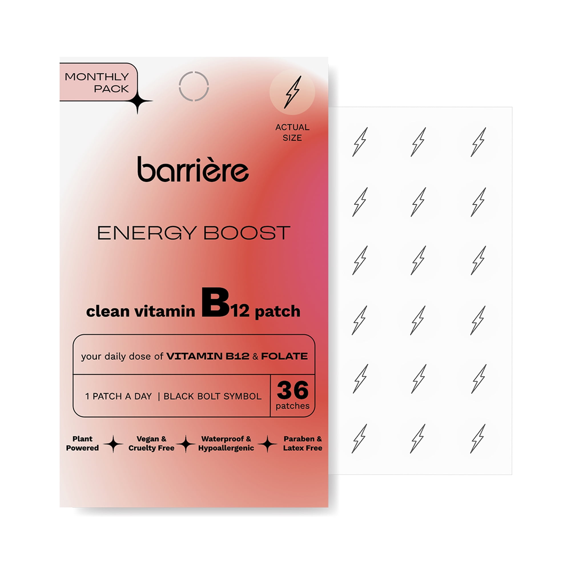barriere Energy Boost Vitamin B12 + Folate Patch, Black Bolt Print, 36 Count