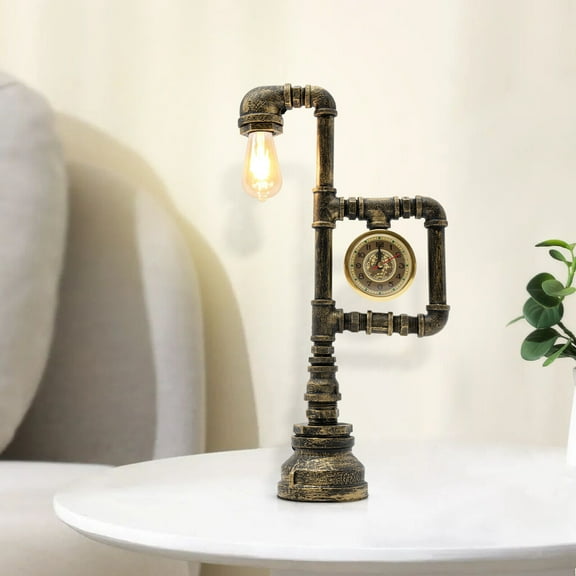Miumaeov Steampunk Industrial Water Pipe Reading Table Lamp Bedside Light Bedroom Desk Lamp with Clock Decor