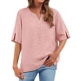 thumbnail image 2 of Womens Summer Cotton Linen Tops V Neck Short Sleeve Shirts Loose Casual Comfy Embroidered T Shirts S-4XL, 2 of 7