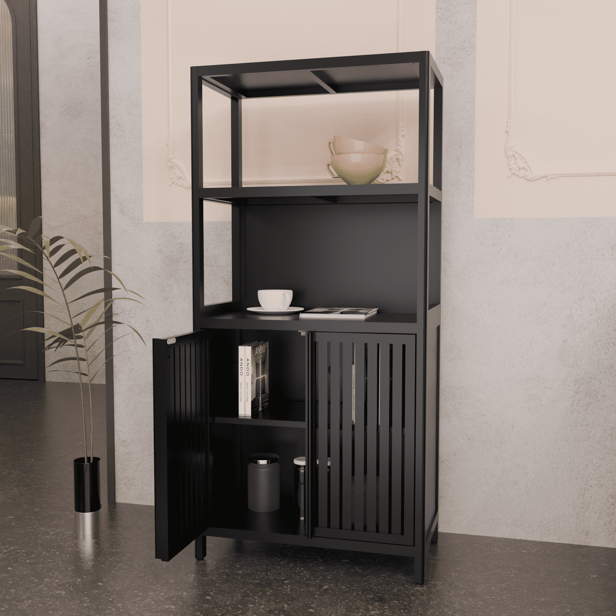 Yoneston 4-Tier Bamboo Bathroom Shelf Storage Cabinet, Freestanding Floor Cabinet with 2 Doors, Display Shelves for Living Room, Black