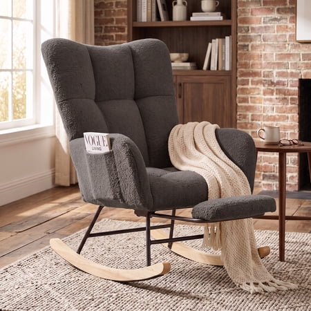 OMNIBERG Nursery Rocking Chair Teddy Upholstered Glider Rocker, Accent Rocking Chair Padded Seat with Side Pocket and Extended Footrest Comfy Armchair Side Chair for Living Room Bedroom Offices,Grey