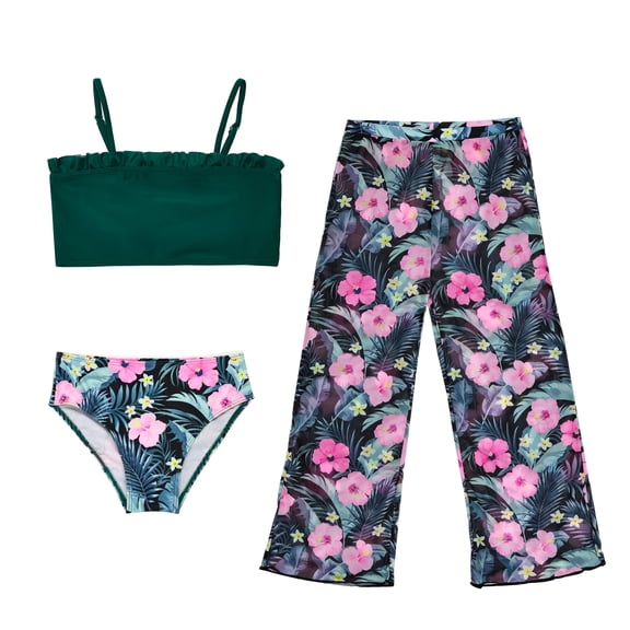 NIPAXO Girls Swimsuit 3-Piece Tropical Floral Bikini Set with Mesh Cover Up Pants Swimwear for Girls, Hot Dark Green, Sizes 9-10 Years Old