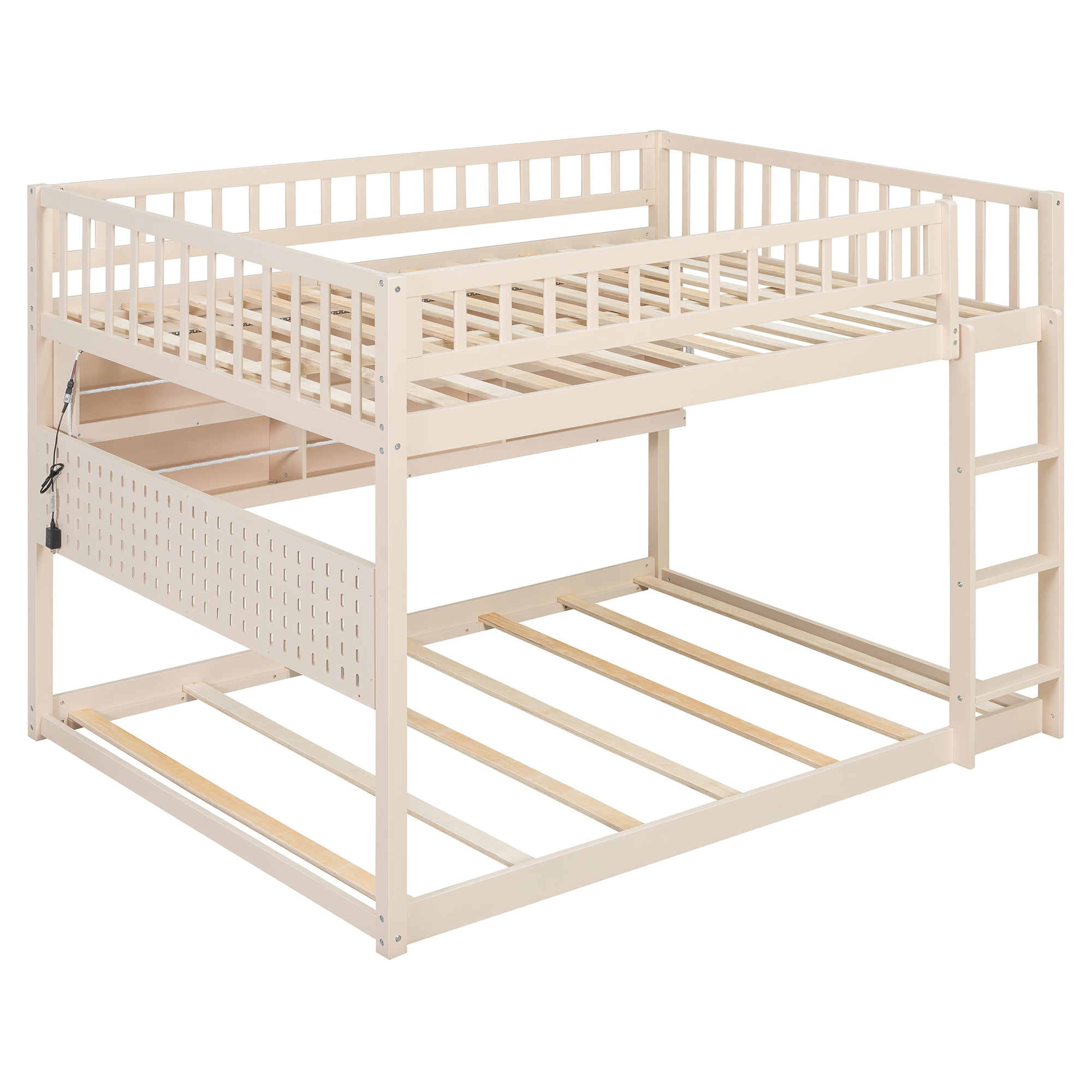 Full over Full Wood Bunk Bed with Integrated Side Storage Shelves and Pegboard, Solid Wood Bunk Bed Frame with Color-Changing Lights and Safety Guardrails for Teens, Adults, Guests