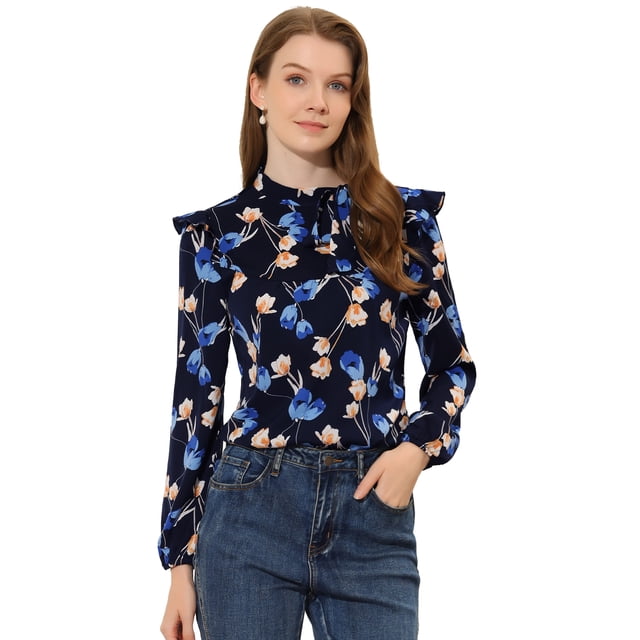 INSPIRE CHIC Women's Side Bow Tie Neck Long Sleeve Ruffled Floral Blouse Deep Blue S