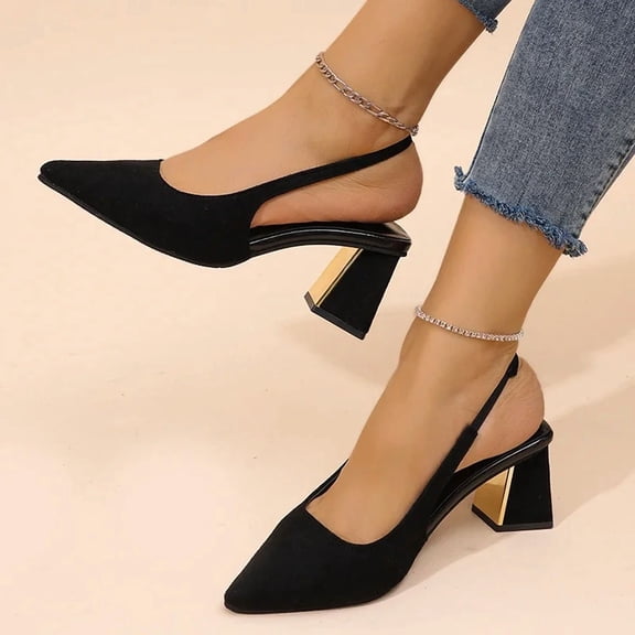 SCHUHLAND Plus Size Pointed Toe Slingback Pumps for Women, High Square Heel Dress Shoes, Black Flocked Sandals