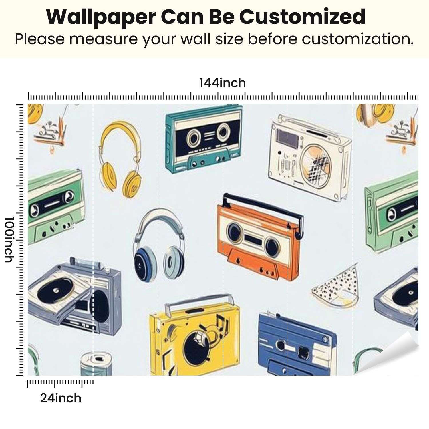 Peel and Stick Wallpaper Retro old cassettes boomboxes turntables tape recorders Modern Art Wall Mural Decor Self Adhesive and Removable 100in x 144in